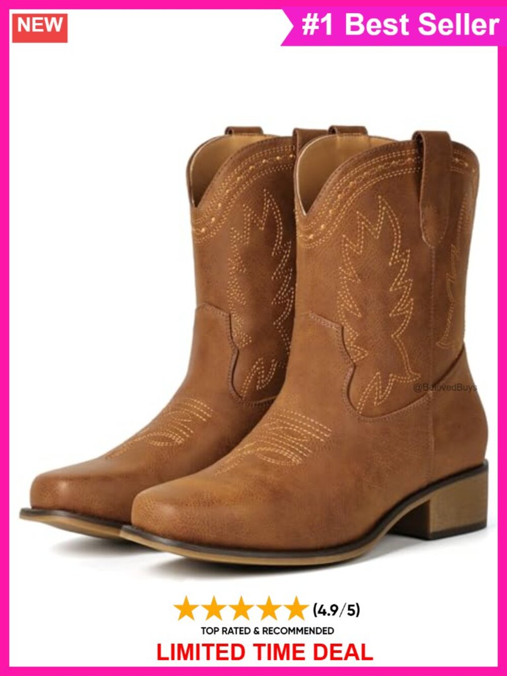 Faux Leather Square Toe Western Cowgirl Ankle Boots with Pull-On
